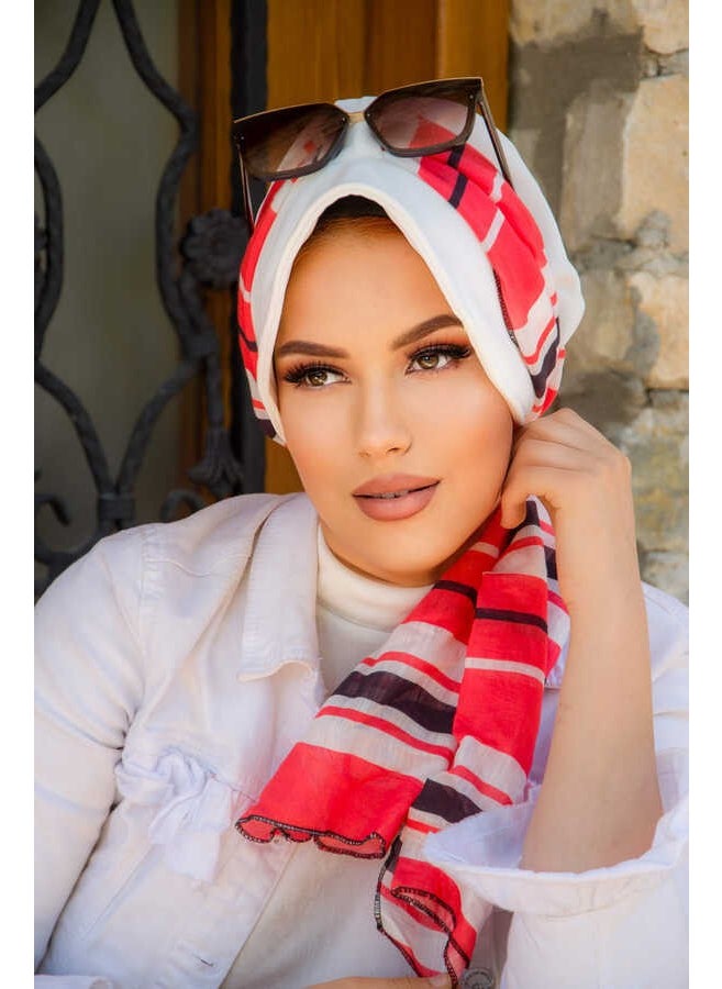 Aişe Tesettür Aişe Hijab Off White Coral Stripe Pattern Scarf Hat  - Image 3