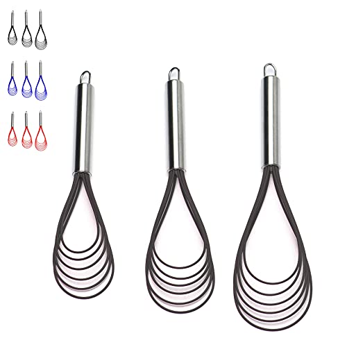 Jell-Cell Flat Whisks Stainless Steel,3 Pack 10''+11''+12'' Set Premium Sturdy-6 Silicone Heads Non Stick Wires Whisk for Blending Beating Stirring Kitchen Cooking Color Grey by Jell-Cell - Image 1