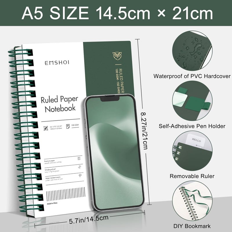 EMSHOI A5 Notebook College Ruled, Spiral Notepad 150 Sheets/300 Pages, 100gsm, PVC Cover, Sticky Notes, Pocket, Pen Loop, Ruler, Bookmark, Lined Journal for Women Men Writing, 14.5 x 21cm, Green - Image 2