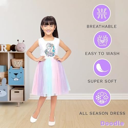 Doodle Unicorn Dress for Girls | Breathable Kids Frock & Dresses | Western Frocks with Waist Tie & Back Zip | Sleeveless & Knee Length (White with Rainbow Flare | 3 to 4 Years) - Image 3