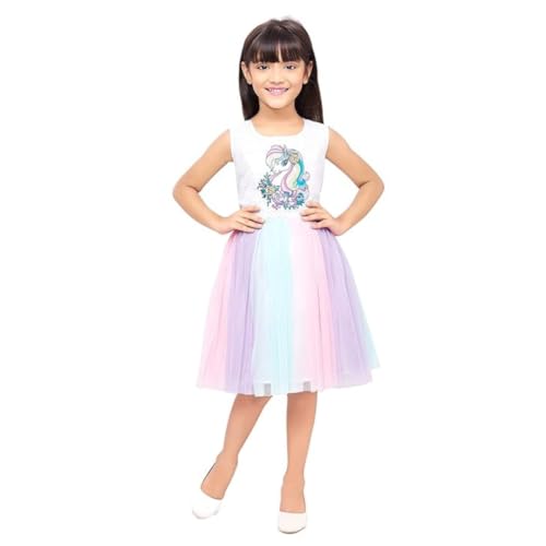 Doodle Unicorn Dress for Girls | Breathable Kids Frock & Dresses | Western Frocks with Waist Tie & Back Zip | Sleeveless & Knee Length (White with Rainbow Flare | 3 to 4 Years) - Image 1