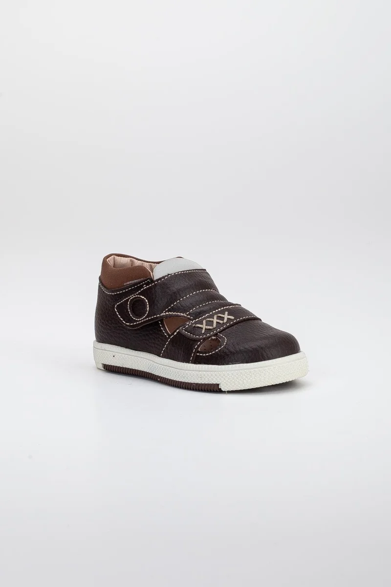 Dilimler Ayakkabı Slices Shoes Şirinbebe Şiringenç Brown Boys Ilkadım Baby Kids Shoes with Two Velcros with Sewing Detail