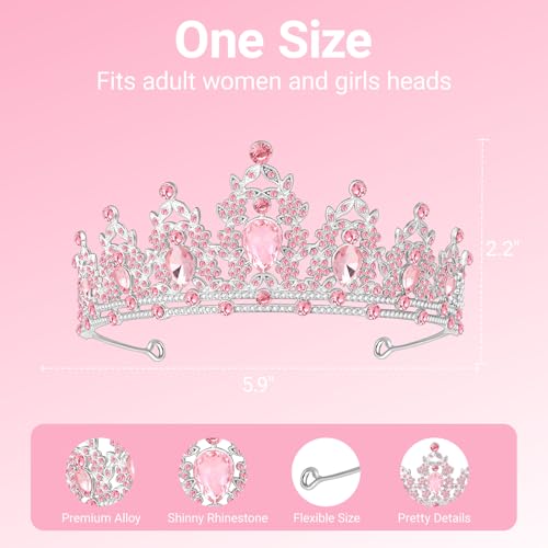 Papoopy Tiara Crown for Women, Headband Hair Accessories for Birthday Wedding Party Costume Pink - Image 2