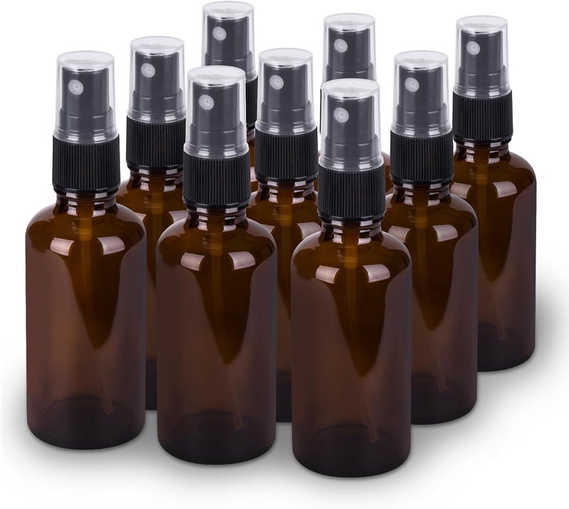 hmaimas 9 Pack Amber Glass Small Spray Bottles, 2oz Travel Fine Mist Empty Mini Spray Bottles for Essential Oils and Hair - Image 1