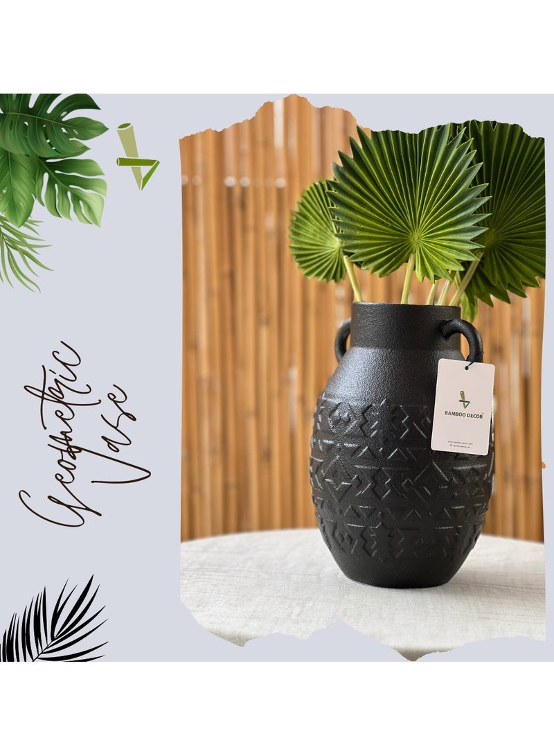 Bamboo Decor |Contemporary Ceramic Vase _ Minimalist Design _Moroccan Style ceramic embossed pattern  suitable for Dried Plants _ Boho Décor For Dining-Console-Accent Table (Black -26 CM) - Image 2