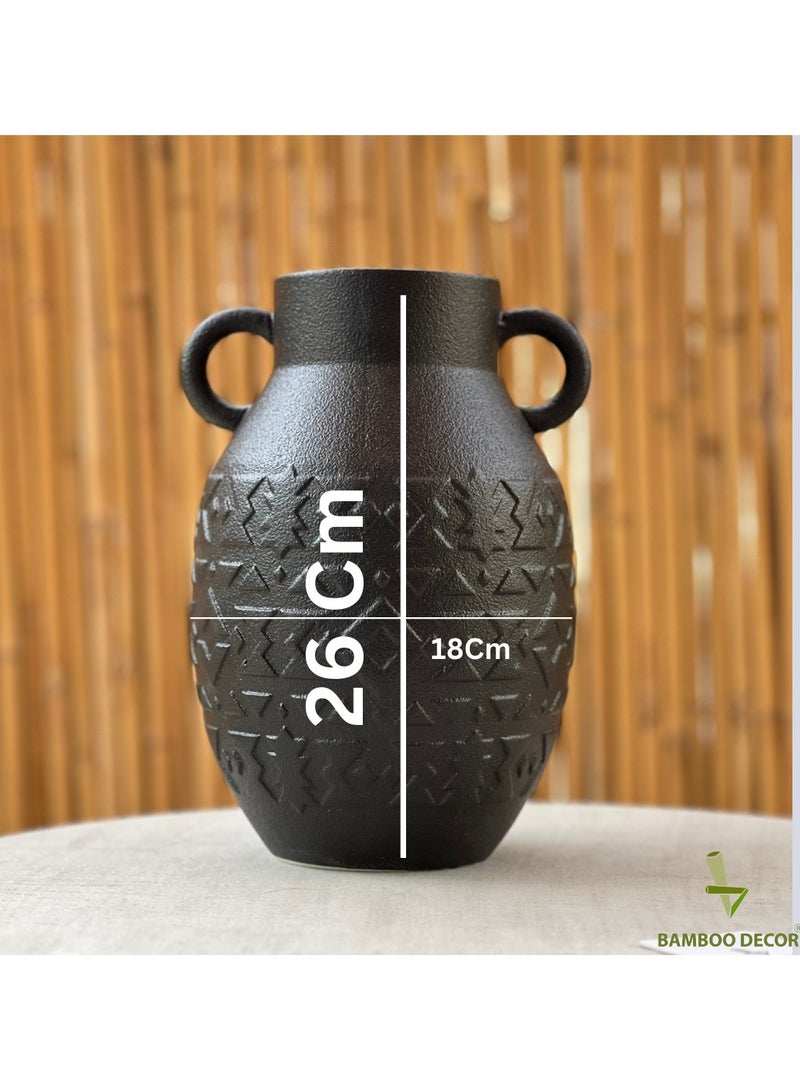 Bamboo Decor |Contemporary Ceramic Vase _ Minimalist Design _Moroccan Style ceramic embossed pattern  suitable for Dried Plants _ Boho Décor For Dining-Console-Accent Table (Black -26 CM) - Image 4