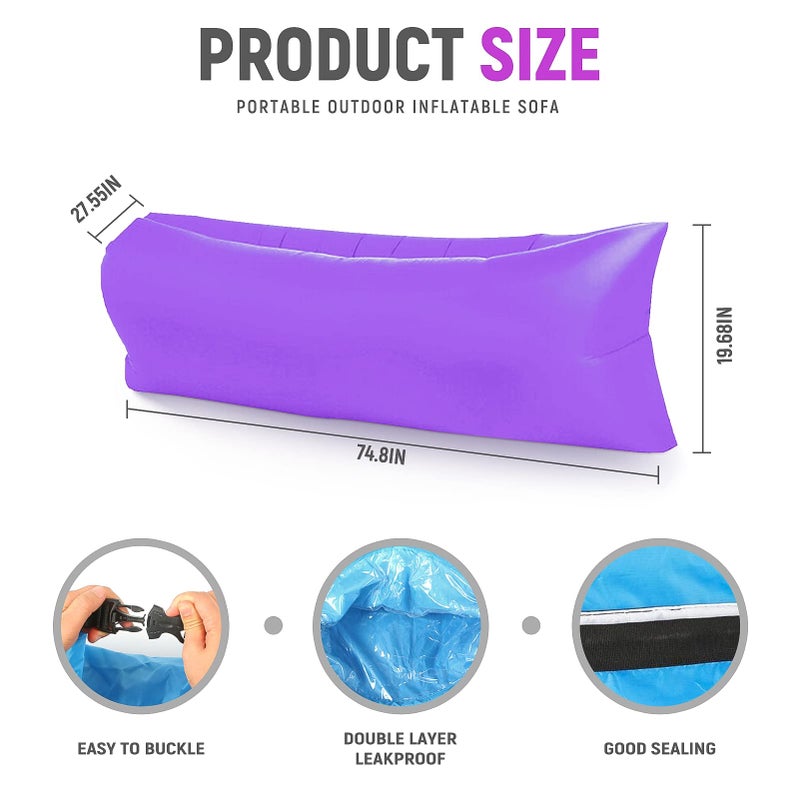 KEEPAA Inflatable Sofa, Waterproof Anti Air Leaking with Portable Package, Air Lounger, Air Sofa Air Bag for Travel, Camping, Hiking and Beach Parties (Purple) - Image 2
