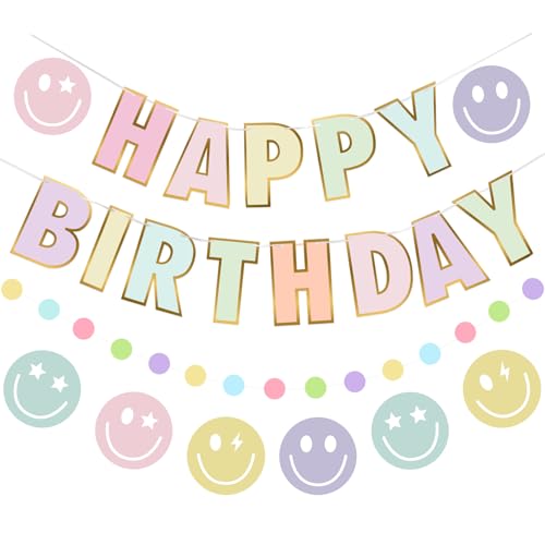 Danadia PreStrung Happy Birthday Banner NO DIY Birthday Decorations with Circle Dot Garland and Preppies Happy Birthday Party Decorations for Women Men Girls Boys Pastel - Image 1