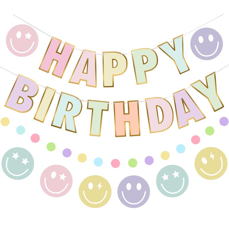Danadia PreStrung Happy Birthday Banner NO DIY Birthday Decorations with Circle Dot Garland and Preppies Happy Birthday Party Decorations for Women Men Girls Boys Pastel - Image 2