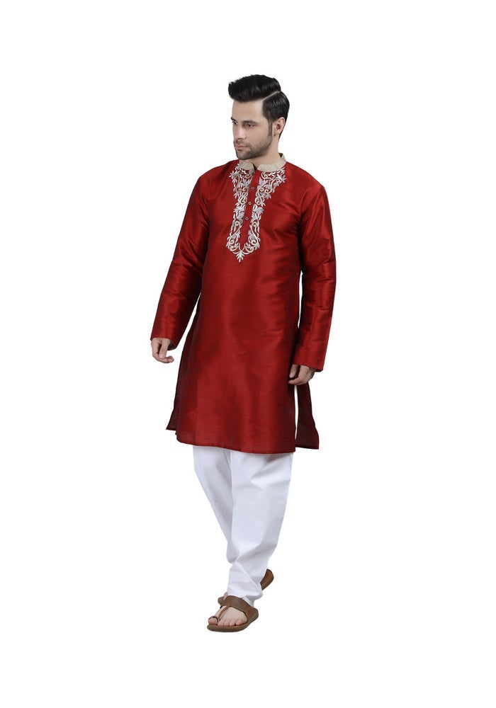 ARCHATTIRE Men’s Red Polycotton Long Kurta for Men - Image 4