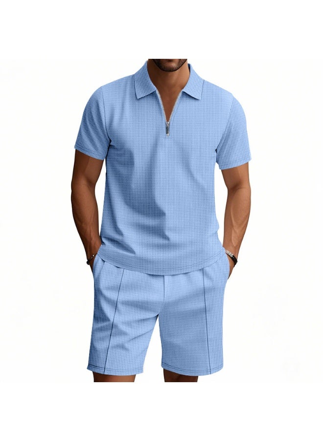 Summer Men Suits Solid Color Waffle Lapel Slim-Fit Casual Fashion Zip-Up Short Sleeve Shirts Suit Shorts Two Sets - Image 1