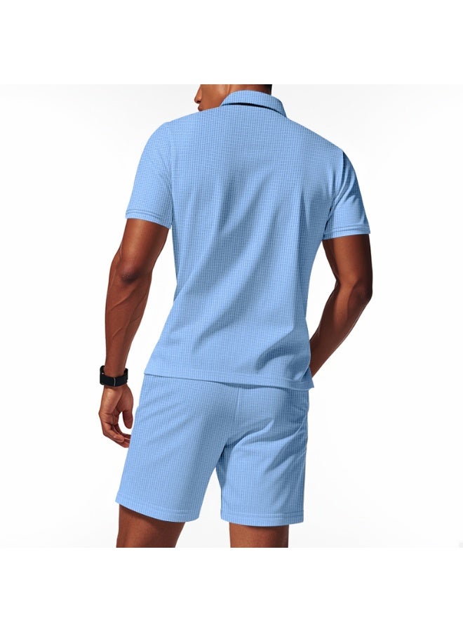 Summer Men Suits Solid Color Waffle Lapel Slim-Fit Casual Fashion Zip-Up Short Sleeve Shirts Suit Shorts Two Sets - Image 2