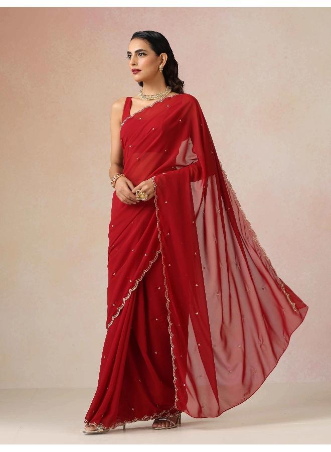 trueBrowns Maroon Georgette Embroidered Saree With unstitched Blouse - Image 3