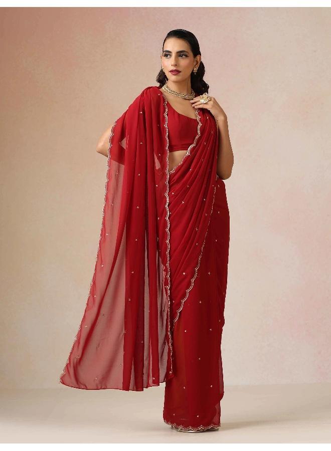 trueBrowns Maroon Georgette Embroidered Saree With unstitched Blouse - Image 1