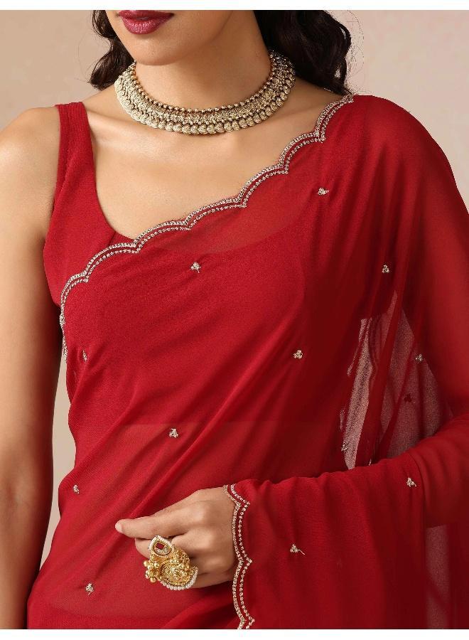 trueBrowns Maroon Georgette Embroidered Saree With unstitched Blouse - Image 4