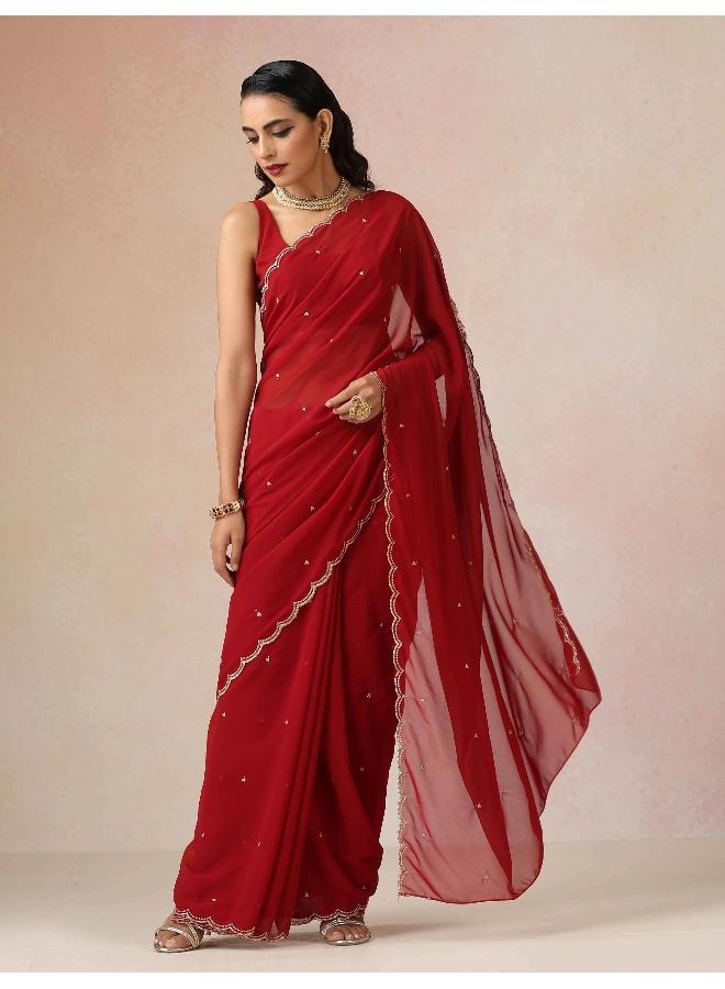 trueBrowns Maroon Georgette Embroidered Saree With unstitched Blouse - Image 2
