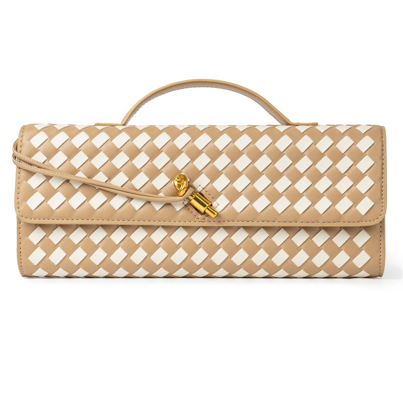 Joryin Woven Purse for Women Evening Clutch Woven Leather Handbags Crossbody Bag Purse Formal Evening Bag, Apricot White - Image 1