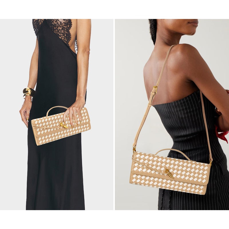 Joryin Woven Purse for Women Evening Clutch Woven Leather Handbags Crossbody Bag Purse Formal Evening Bag, Apricot White - Image 2