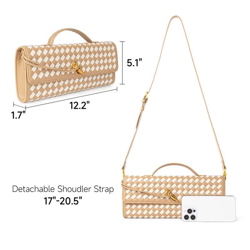 Joryin Woven Purse for Women Evening Clutch Woven Leather Handbags Crossbody Bag Purse Formal Evening Bag, Apricot White - Image 4