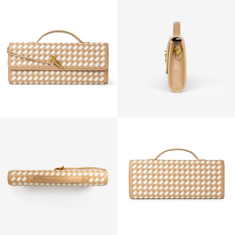 Joryin Woven Purse for Women Evening Clutch Woven Leather Handbags Crossbody Bag Purse Formal Evening Bag, Apricot White - Image 3