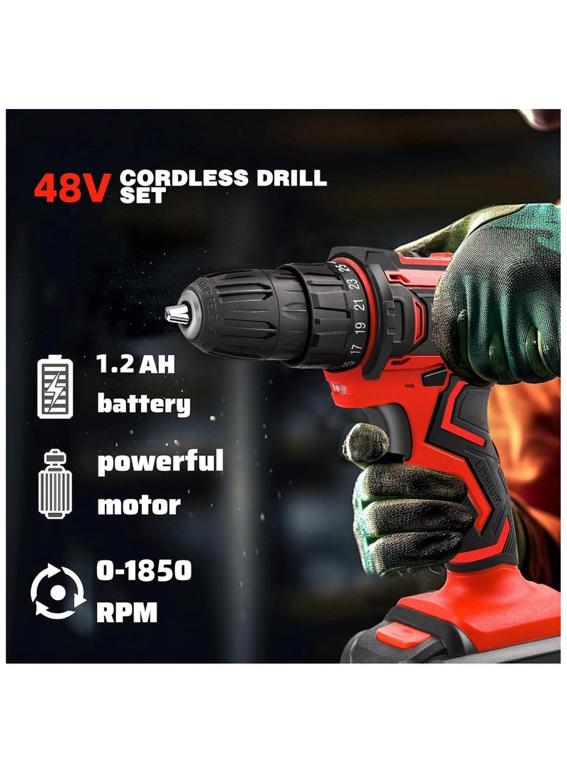 Favarey 48V Cordless Drill, Power Drill Kit with 2 Lithium Ion Battery and Charger, 25+1 Torque Setting, Variable 2 Speed, LED Light, Electric Drill for Home DIY and Repair - Image 2