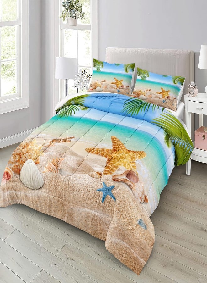 MOVE OVER Beach Themed Bedding Set Queen Blue Ocean Comforter Set Soft and Lightweight Hawaii Scenery Design Seashell Print Bedding Set 4 Pcs Tropical Beach Comforter Set for Bedroom - Image 2