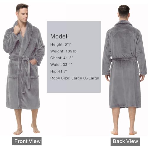 Yurhap Mens Fleece Robe, Soft Plush Robe for Men, Fluffy Bathrobe with Belt & 2 Pockets, Steel Grey, L-XL - Image 3