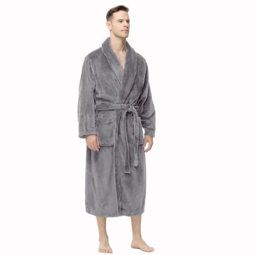 Yurhap Mens Fleece Robe, Soft Plush Robe for Men, Fluffy Bathrobe with Belt & 2 Pockets, Steel Grey, L-XL - Image 1