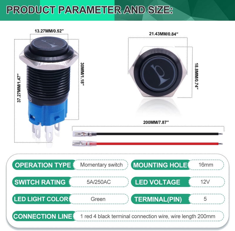 Twidec /16MM Raised Speaker Horn Momentary Push Button Switch 5/8" Mounting Hole 12V Green Led Light Black Stainless Steel Shell 1NO 1NC SPDT with Pre-wiring Wires Switch For Car Modification BKG16LB-G - Image 3