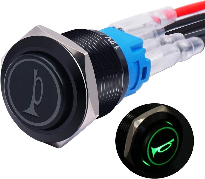 Twidec /16MM Raised Speaker Horn Momentary Push Button Switch 5/8" Mounting Hole 12V Green Led Light Black Stainless Steel Shell 1NO 1NC SPDT with Pre-wiring Wires Switch For Car Modification BKG16LB-G - Image 1