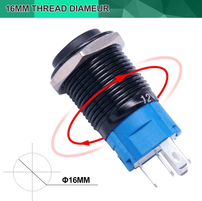 Twidec /16MM Raised Speaker Horn Momentary Push Button Switch 5/8" Mounting Hole 12V Green Led Light Black Stainless Steel Shell 1NO 1NC SPDT with Pre-wiring Wires Switch For Car Modification BKG16LB-G - Image 4