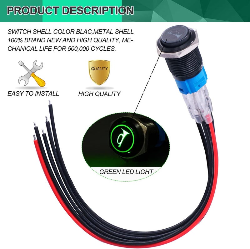 Twidec /16MM Raised Speaker Horn Momentary Push Button Switch 5/8" Mounting Hole 12V Green Led Light Black Stainless Steel Shell 1NO 1NC SPDT with Pre-wiring Wires Switch For Car Modification BKG16LB-G - Image 5