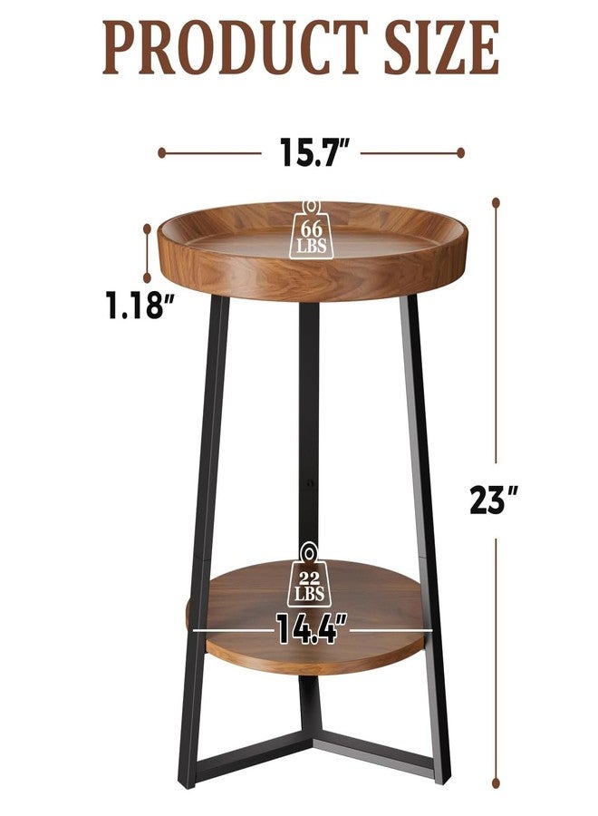 Gadroad Round End Table with Storage Shelf, 2 Tier Farmhouse Side Table Nightstand for Living Room, Bedroom, Wood Tabletop & Black Metal Frame, Brown 15.7 * 15.7 * 23.0inches - Image 2