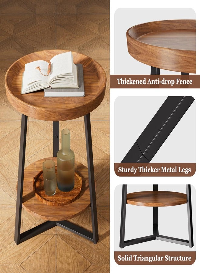 Gadroad Round End Table with Storage Shelf, 2 Tier Farmhouse Side Table Nightstand for Living Room, Bedroom, Wood Tabletop & Black Metal Frame, Brown 15.7 * 15.7 * 23.0inches - Image 3