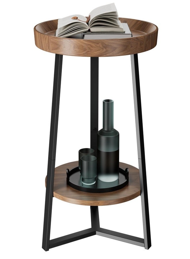 Gadroad Round End Table with Storage Shelf, 2 Tier Farmhouse Side Table Nightstand for Living Room, Bedroom, Wood Tabletop & Black Metal Frame, Brown 15.7 * 15.7 * 23.0inches - Image 1