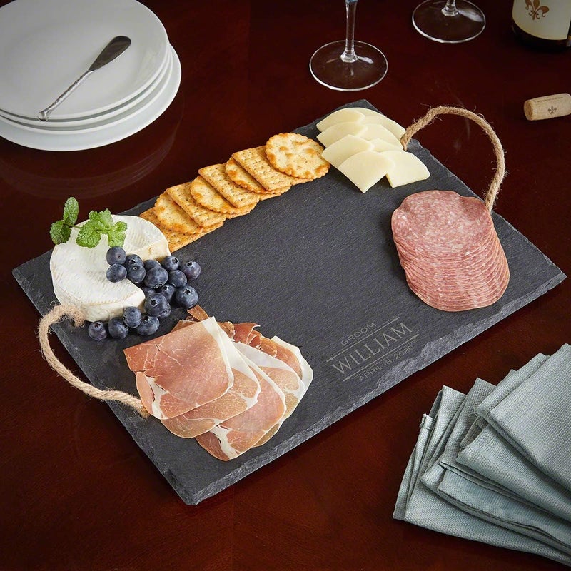 HomeWetBar Personalized Slate Cheese Board with Rope Handles for Charcuterie and Appetizers  - Image 1