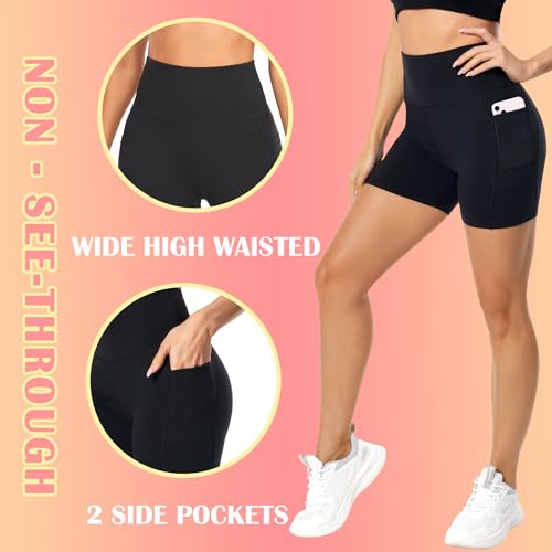 FULLSOFT 4 Pack Biker Shorts for Women – 5" High Waist Tummy Control Workout Yoga Running Compression Exercise Shorts with Pockets(4 Pack Black/Light Grey/White/Light Purple,Small-Medium) - Image 2