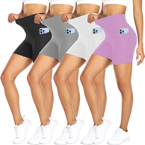 FULLSOFT 4 Pack Biker Shorts for Women – 5" High Waist Tummy Control Workout Yoga Running Compression Exercise Shorts with Pockets(4 Pack Black/Light Grey/White/Light Purple,Small-Medium) - Image 1