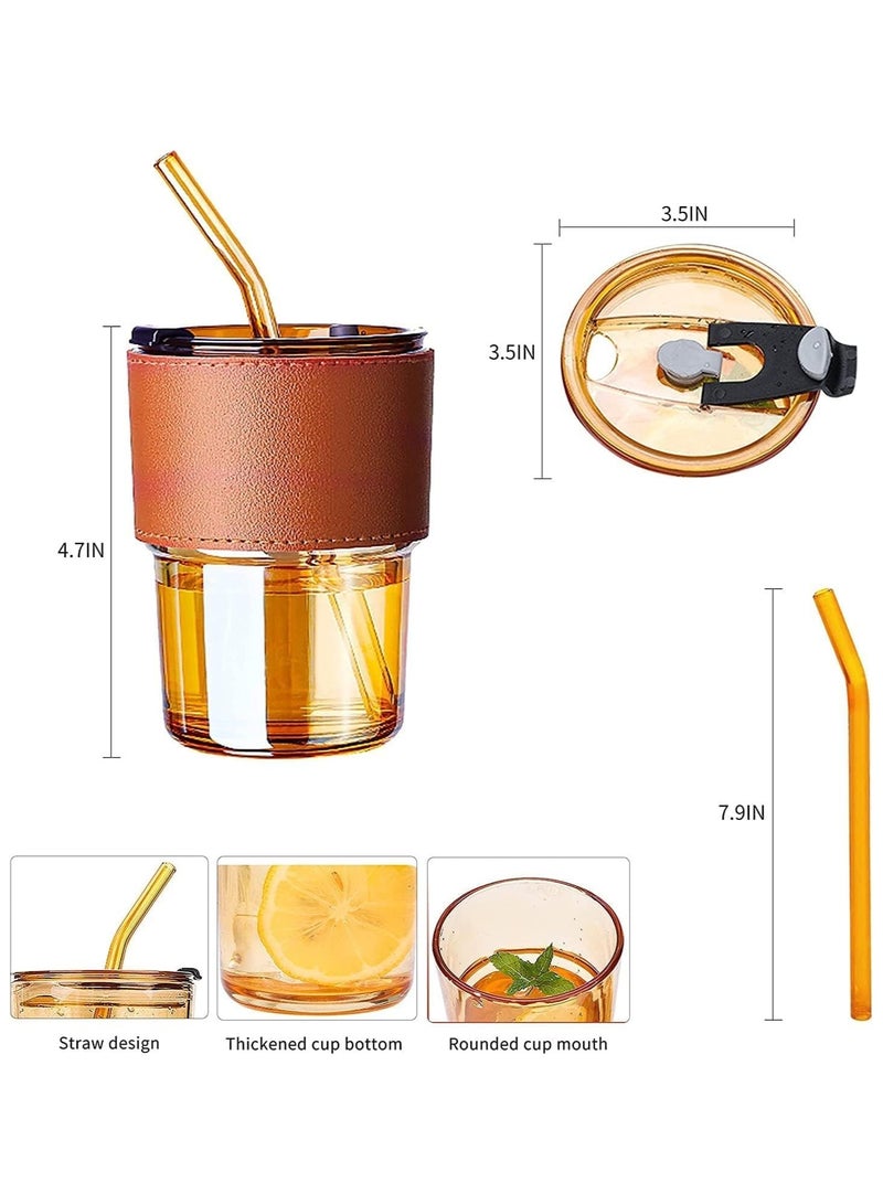 كوب زجاجي أنيق مع غطاء محكم وشال جلدي للحماية + شلمونة قابلة لإعادة الاستخدام – كوب شاي وقهوة وعصائر متنقل – تصميم عصري بسعة مثالية للاستخدام اليومي - متعدد الالوان - Image 2