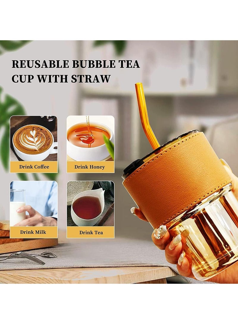 كوب زجاجي أنيق مع غطاء محكم وشال جلدي للحماية + شلمونة قابلة لإعادة الاستخدام – كوب شاي وقهوة وعصائر متنقل – تصميم عصري بسعة مثالية للاستخدام اليومي - متعدد الالوان - Image 3