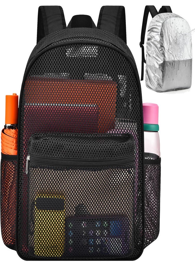 Oraben Heavy Duty Mesh Backpack with Rain Cover -Swim & Gym Bag with 15.6â€ Laptop Sleeve, Large See Through Backpack, Black, Large, Mesh Backpack - Image 1