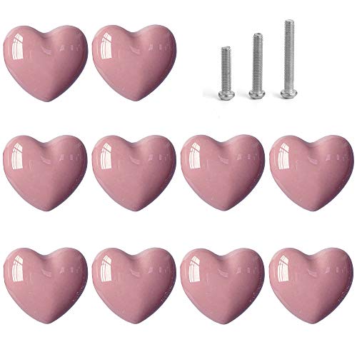 Perphin Ceramic Drawer Knobs Heart Shape Cabinet Dresser Pulls Handles with 3 Sized Screws, Kitchen Furniture Knobs for Closet Cupboard Wardrobe (10 Pack, Pink) - Image 1