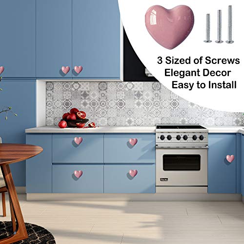 Perphin Ceramic Drawer Knobs Heart Shape Cabinet Dresser Pulls Handles with 3 Sized Screws, Kitchen Furniture Knobs for Closet Cupboard Wardrobe (10 Pack, Pink) - Image 2
