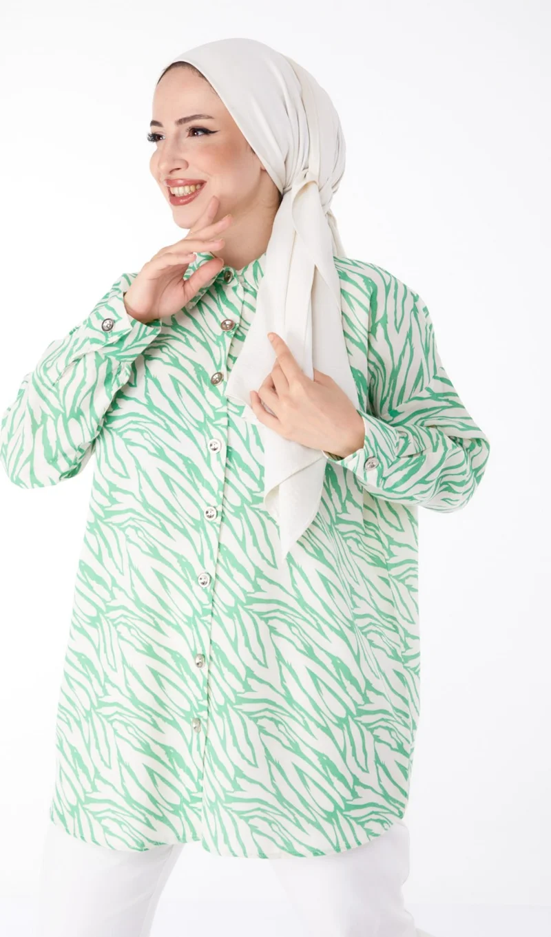 Tofisa Plain Shirt Collar Women's Green Patterned Tunic - 25612