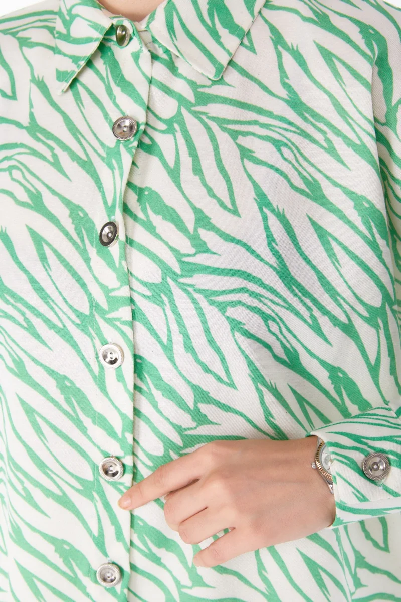 Tofisa Plain Shirt Collar Women's Green Patterned Tunic - 25612