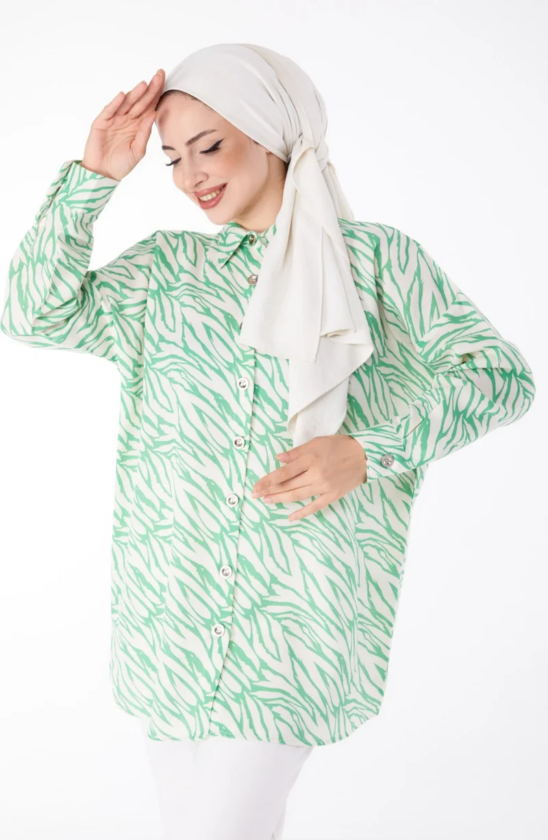 Tofisa Plain Shirt Collar Women's Green Patterned Tunic - 25612