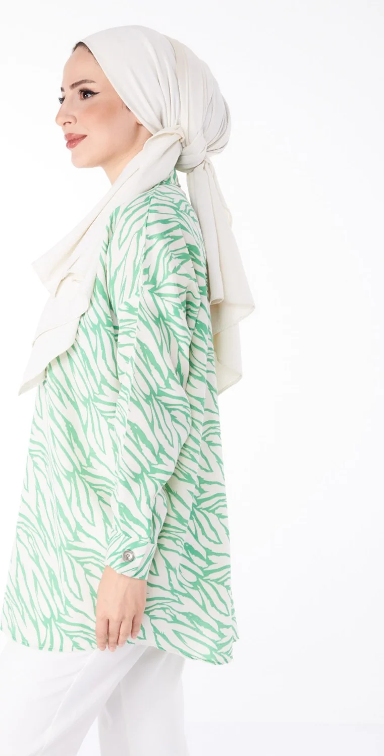 Tofisa Plain Shirt Collar Women's Green Patterned Tunic - 25612