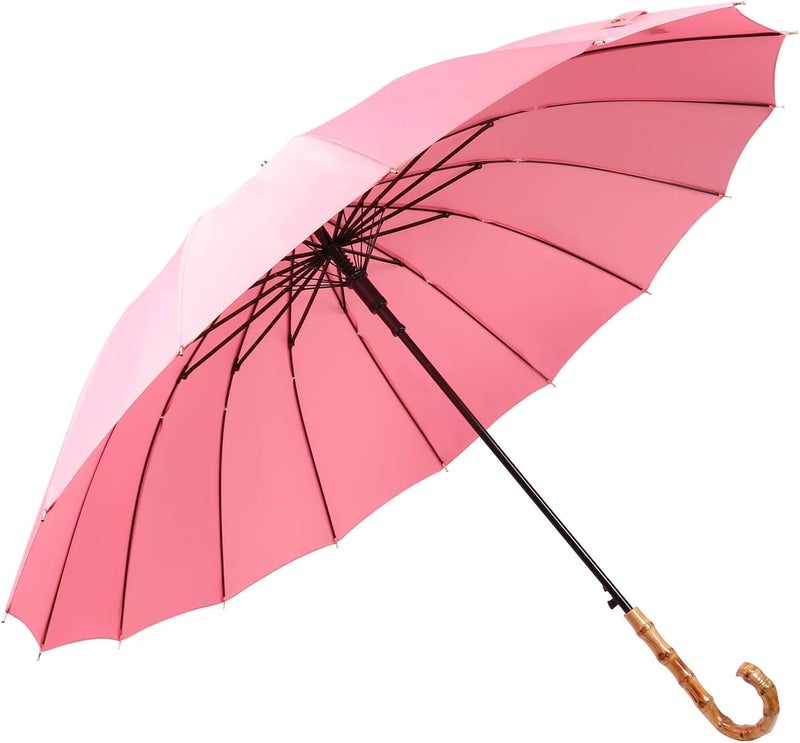 ThreeH Bamboo Stick Umbrella Auto Open Solid Color Fashionable and Simple 190T 16 Ribs,KS08 Pink - Image 1
