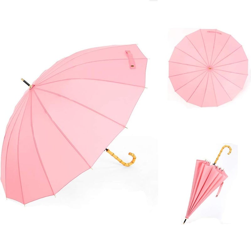 ThreeH Bamboo Stick Umbrella Auto Open Solid Color Fashionable and Simple 190T 16 Ribs,KS08 Pink - Image 2