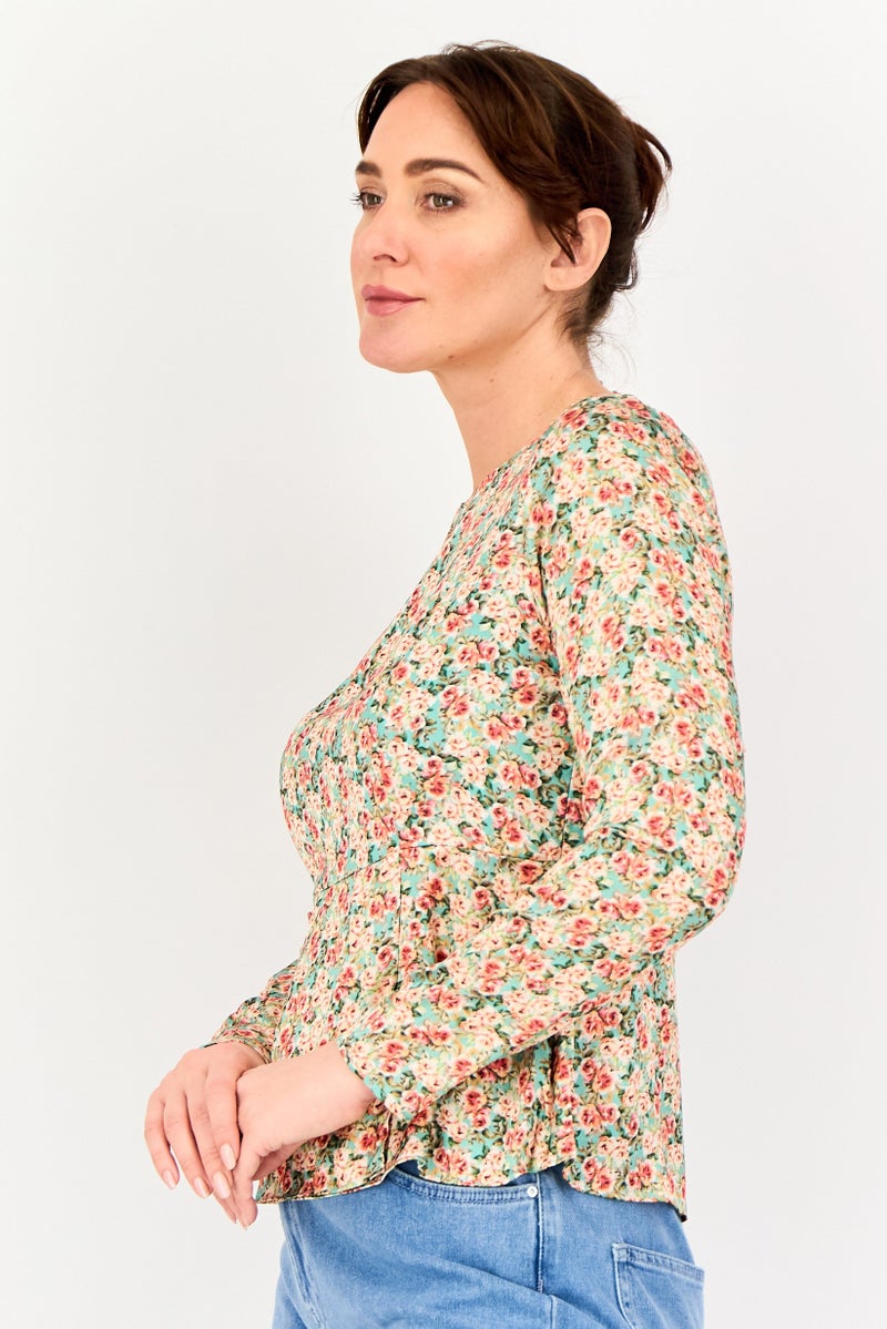 VERO MODA بلوزة مزخرفة بأكمام طويلة من فيرو مودا للنساء، متعددة الألوان، بياقة دائرية - Image 2